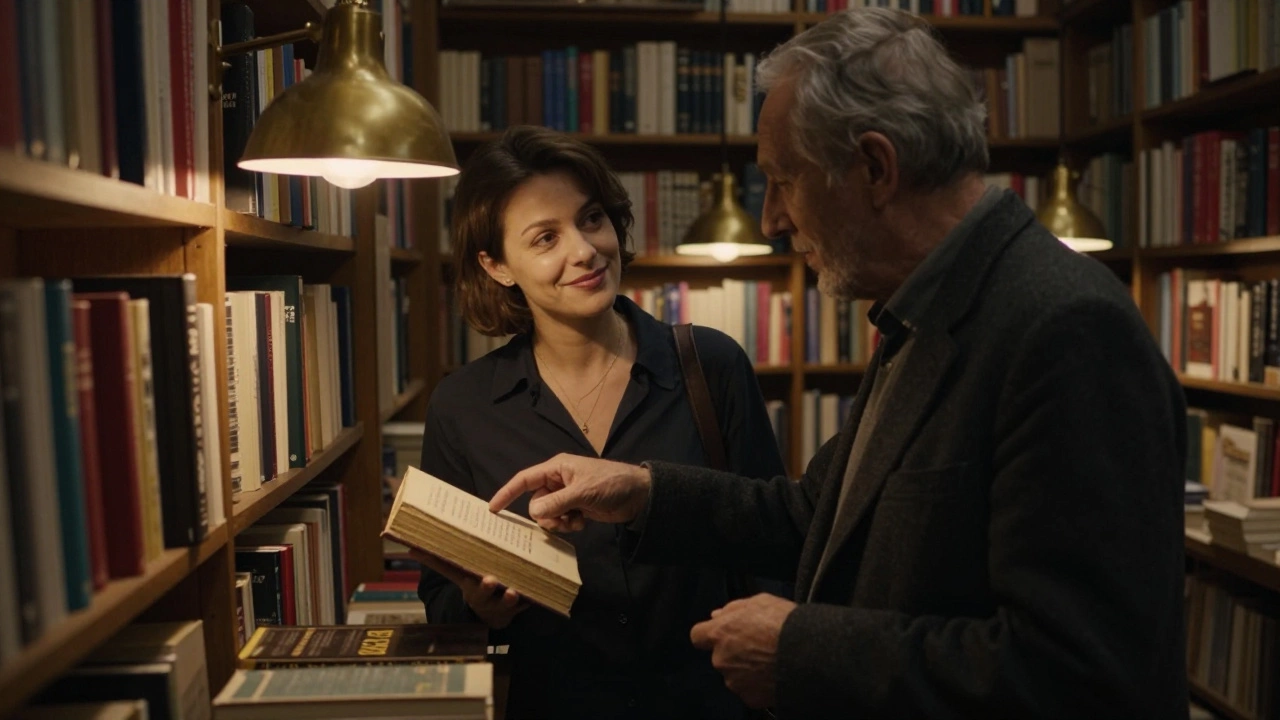 A woman listens intently to a man in a Paris bookstore, surrounded by classic books and warm lamplight.