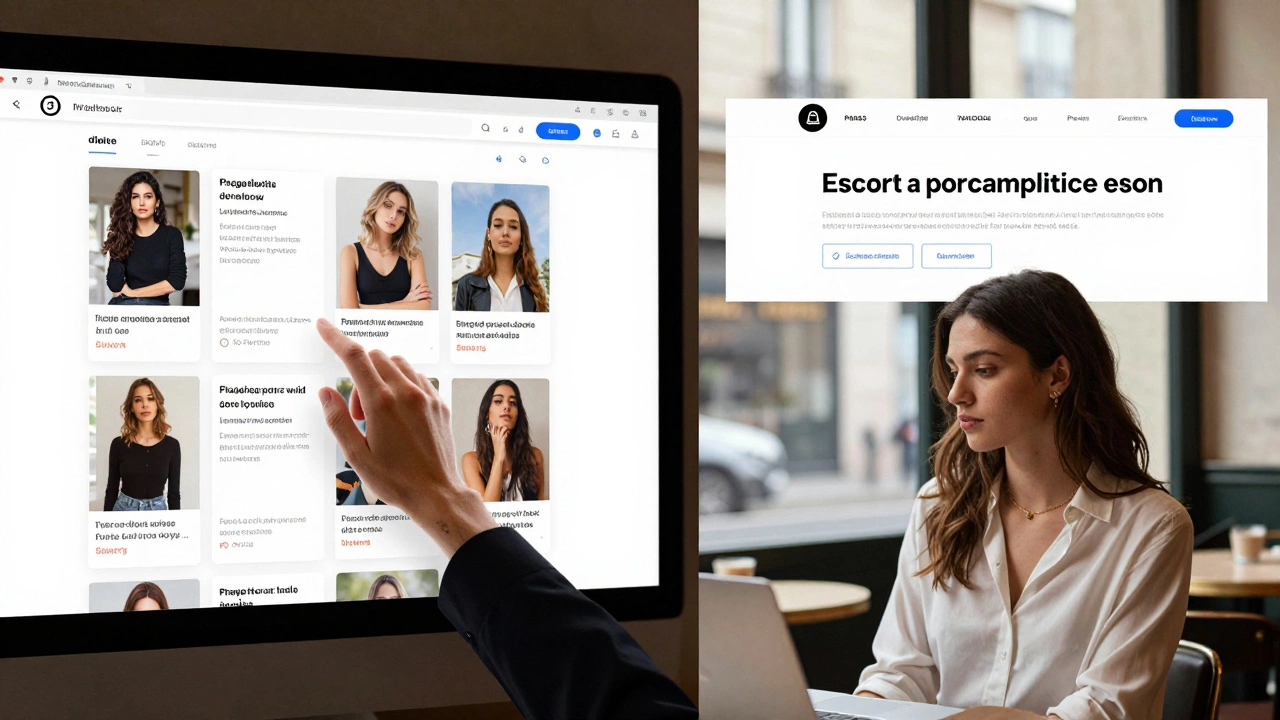 Contrasting scenes: U.S. content moderation dashboard vs. a clear, legal escort profile posted in Paris.